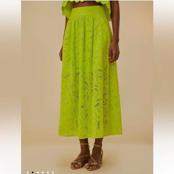 Farm Rio Monstera Eyelet Midi Skirt in Green. Size XXS - Picture 2 of 14